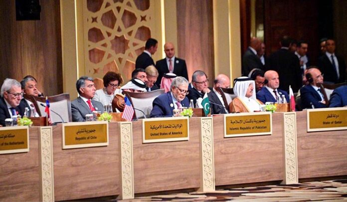 Deputy Prime Minister and Foreign Minister Senator Mohammad Ishaq Dar addresses the high-level conference on “Urgent Humanitarian Response for Gaza” in Amman