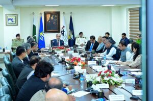 Prime Minister Muhammad Shehbaz Sharif addressing officers during his visit to headquarters of the Federal Board of Revenue