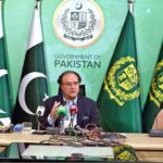 Federal Minister for Finance and Revenue Senator Muhammad Aurangzeb addressing media persons at PTV Headquarters