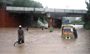 A view of rainwater accumulated at Mukha Singh Estate after heavy rain in the city.