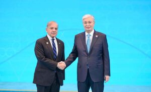 Prime Minister Muhammad Shehbaz Sharif is being received by President of Kazakhstan H.E. Kassym-Jomart Tokayev as he arrives at the Independence Palace of Astana to attend Shanghai Cooperation Organisation Summit