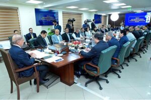 Prime Minister Muhammad Shehbaz Sharif addressing officers during his visit to headquarters of the Federal Board of Revenue