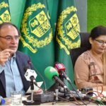 Federal Minister for Finance and Revenue Senator Muhammad Aurangzeb addressing media persons at PTV Headquarters