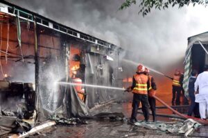 A view of smoke emitting after horrific fire erupts in weekly bazaar in H-9 sector. According to CDA as many as 300 stalls burnt to ashes in the incident. Luckily no causalities reported in the incident