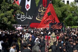 A large number of mourners attending main procession on 9th of Muharramul Haram at G-6. Muharramul Harram known as the first month of the Islamic calendar and the mourning month in remembrance of the martyrdom (Shahadat) of Hazrat Imam Hussain (RA), the grandson of the Holy Prophet Mohammad (PBUH).