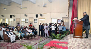 Interior Minister and Chairman PCB Syed Mohsin Raza Naqvi addressing during distribution ceremony of Sports Kits and Track Suits at Islamabad Model College for Girls (IMCG), F-6/2.