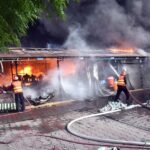 A view of smoke emitting after horrific fire erupts in weekly bazaar in H-9 sector. According to CDA as many as 300 stalls burnt to ashes in the incident. Luckily no causalities reported in the incident