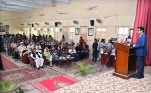 Federal Minister for Education and Professional Training, Dr. Khalid Maqbool Siddiqui addressing during distribution ceremony of Sports Kits and Track Suits at Islamabad Model College for Girls (IMCG), F-6/2.