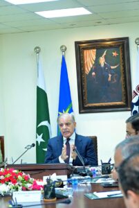Prime Minister Muhammad Shehbaz Sharif addressing officers during his visit to headquarters of the Federal Board of Revenue