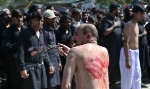 Mourners oozing themselves with knives and chains during main procession on 9th Muharramul Haram at G-6. Muharramul Harram known as the first month of the Islamic calendar and the mourning month in remembrance of the martyrdom (Shahadat) of Hazrat Imam Hussain (RA), the grandson of the Holy Prophet Mohammad (PBUH).
