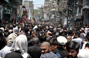 A large number of mourners attending the procession on 10th of the Holy Month of Muharramul Harram. Muharram is the mourning month in remembrance of the Shahadat of Hazrat Imam Hussain (RA), the Grandson of the Holy Prophet Mohammad (PBUH).