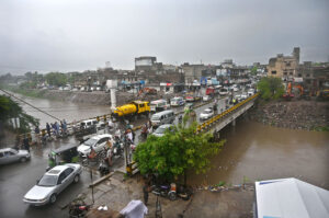 A view of rainwater accumulated at Mukha Singh Estate after heavy rain in the city.