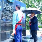Prime Minister Muhammad Shehbaz Sharif laying a floral wreath at the Yadgar-e-Shuhada at the FBR Headquarters