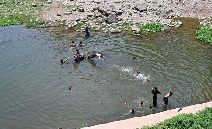 Youngsters jumping and bathing in a water pond near Rawal Dam to get some relief from hot weather in the Federal Capital