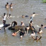 Youngsters jumping and bathing in nullah korang to get relief from hot weather in Federal Capital
