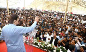 Chief Minister Sindh Syed Murad Ali Shah addressing to public gathering during inauguration ceremony of newly constructed regulator of spinal drain of LBOD at RD210 near Shadi Large.