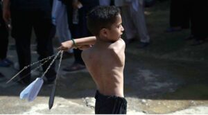 Mourners oozing themselves with knives and chains during main procession on 9th Muharramul Haram at G-6. Muharramul Harram known as the first month of the Islamic calendar and the mourning month in remembrance of the martyrdom (Shahadat) of Hazrat Imam Hussain (RA), the grandson of the Holy Prophet Mohammad (PBUH).