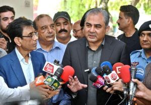 Interior Minister and Chairman PCB Syed Mohsin Raza Naqvi addressing during distribution ceremony of Sports Kits and Track Suits at Islamabad Model College for Girls (IMCG), F-6/2.