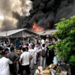 People gathered on the spot after a horrific fire erupted in weekly bazaar in H-9 sector this morning. According to CDA as many as 300 stalls burnt to ashes in the incident. Luckily no causalities reported in the incident