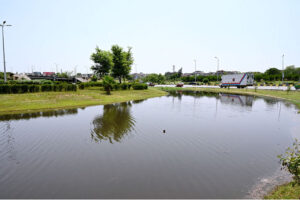 A view of accumulated rainwater after last night's heavy rain at Faizabad Flyover in the Federal Capital
