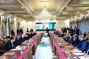 Prime Minister of Pakistan H.E. Muhammad Shehbaz Sharif and President of Azerbaijan H.E. Ilham Aliyev leading their respective delegations during bilateral talks