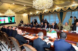Prime Minister of Pakistan H.E. Muhammad Shehbaz Sharif and President of Azerbaijan H.E. Ilham Aliyev leading their respective delegations during bilateral talks