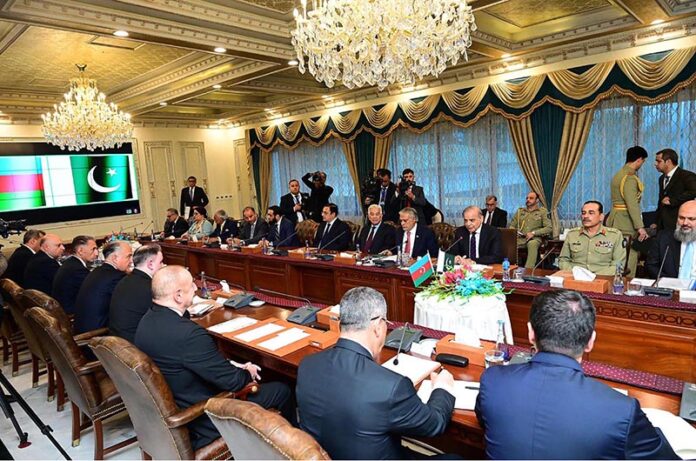 Prime Minister of Pakistan H.E. Muhammad Shehbaz Sharif and President of Azerbaijan H.E. Ilham Aliyev leading their respective delegations during bilateral talks