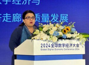 Minister of State for IT and Telecommunication Ms. Shaza Fatima Khawaja delivering keynote speech at the EuroAsia Pakistan Digital Economy Forum-2024.