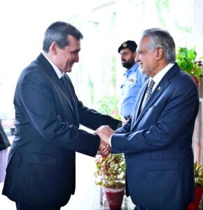 Deputy Prime Minister and Foreign Minister Senator Mohammad Ishaq Dar holds talks with Deputy Chairman of the Cabinet of Ministers and Minister for Foreign Affairs of Turkmenistan Rashid Meredov at Ministry of Foreign Affairs.