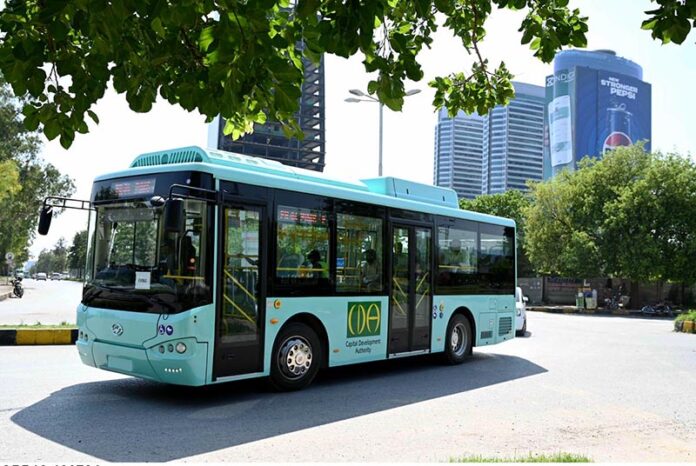 A view of New Electric Bus on the way in the Federal Capital