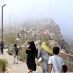 People visit at top mountain Gorakh Hill in Dadu District; it is situated at an elevation of 7,684 ft in the Kirthar Mountains, 94 kilometers northwest of Dadu city