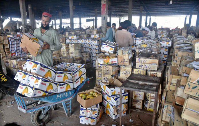 A labourer loading wooden boxes of mangoes on handcart at Fruit and Vegetable Market in the Federal Capital