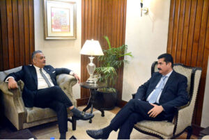 Governor Khyber-Pakhtunkhwa Faisal Karim Kundi being briefed by President National Bank of Pakistan (NBP) Rehmat Ali Hasnie on NBP affairs at NBP Headquarters.