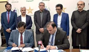 Federal Interior Minister and Narcotics Control. Chairman PCB Syed Mohsin Raza Naqvi and Federal Minister for Education and Professional Training, Dr. Khalid Maqbool Siddiqui witnessing the MoU signing ceremony between the Pakistan Cricket Board (PCB) and the Inter Board Coordination Commission (IBCC) at the Chairman CDA Office in the Federal Capital