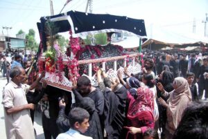 A large number of mourners attending the procession on 10th of the Holy Month of Muharramul Harram. Muharram is the mourning month in remembrance of the Shahadat of Hazrat Imam Hussain (RA), the Grandson of the Holy Prophet Mohammad (PBUH).