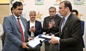 Federal Interior Minister and Narcotics Control. Chairman PCB Syed Mohsin Raza Naqvi and Federal Minister for Education and Professional Training, Dr. Khalid Maqbool Siddiqui witnessing the MoU signing ceremony between the Pakistan Cricket Board (PCB) and the Inter Board Coordination Commission (IBCC) at the Chairman CDA Office in the Federal Capital