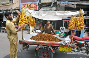 A vendor is busy in arranging and displaying fresh dates to attract customers at his roadside setup.