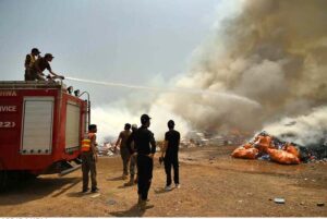 Director Customs Intelligence Karam Elahi set ablaze cigarettes, beta nuts & miscellaneous items at Shahkas district Khyber.