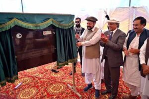 Chief Minister Gilgit-Baltistan Haji Gulbar Khan is unveiling the foundation stone of Al-Shifa Trust Eye Hospital
