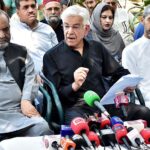 Defense Minister Khawaja Muhammad Asif addressing to the media persons at his residence