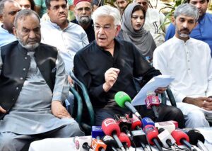 Defense Minister Khawaja Muhammad Asif addressing to the media persons at his residence