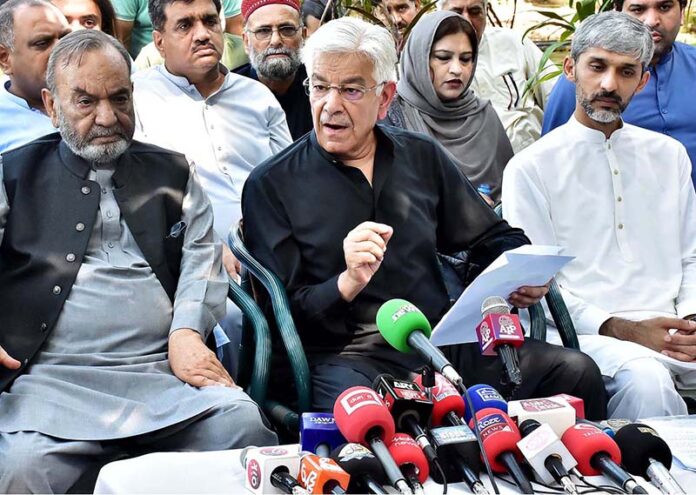 Defense Minister Khawaja Muhammad Asif addressing to the media persons at his residence