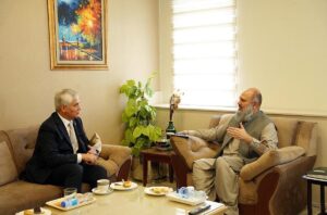 ECO Secretary General Ambassador Khusrav Noziri calls on Federal Minister for Commerce Jam Kamal Khan to discuss regional trade dynamics and the future direction of the Economic Cooperation Organization (ECO).
