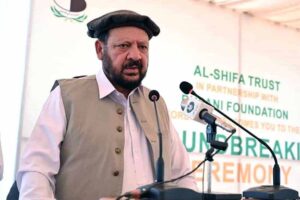 Chief Minister Gilgit-Baltistan Haji Gulbar Khan addressing during the ceremony of unveiling the foundation stone of Al-Shifa Trust Eye Hospital