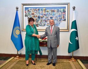 Deputy Prime Minister and Foreign Minister Senator Mohammad Ishaq Dar welcomes Secretary General of the Commonwealth Patricia Scotland on her arrival at the Ministry of Foreign Affairs.