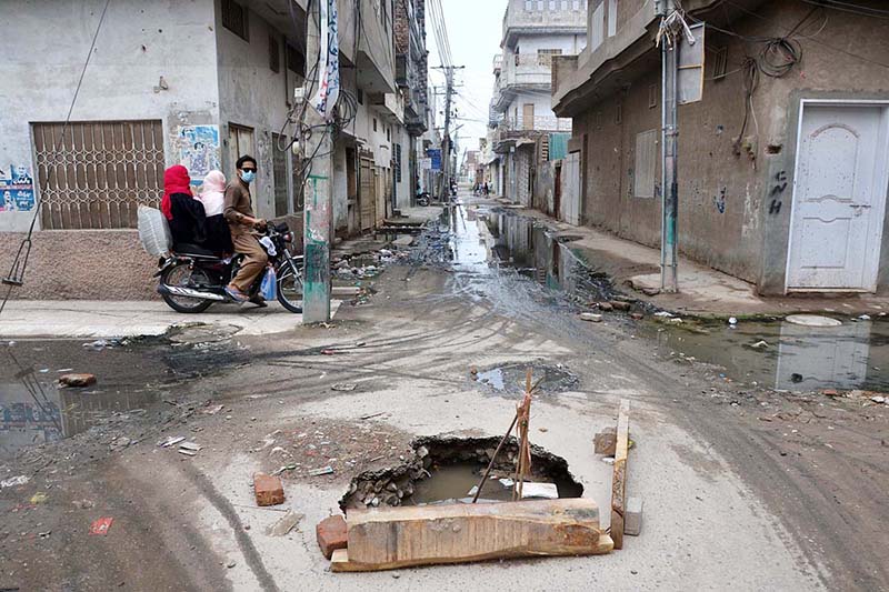 A view of damaged street at Bahar Colony may cause any mishap and needs the attention of the concerned authorities