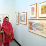 Visitors keenly viewing art work during an exhibition “Be a Catalyst; Reimaging our connection to Gaia” organized by Pakistan National Council of the Arts and OffGrid Studios at PNCA