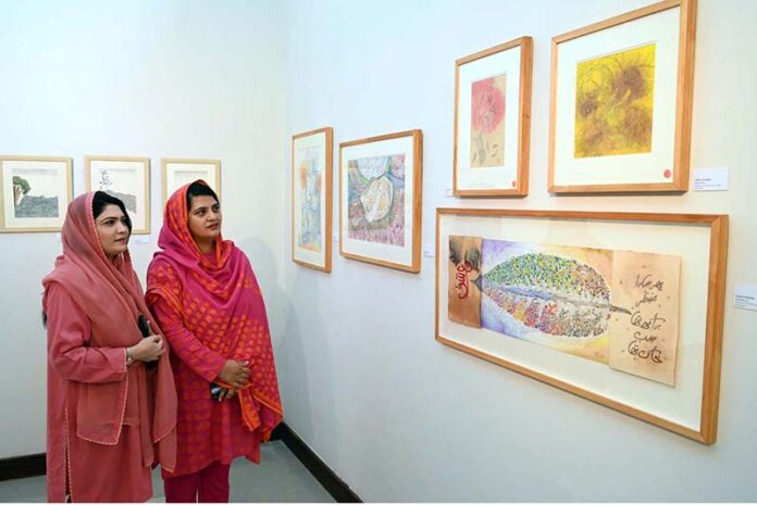 Visitors keenly viewing art work during an exhibition “Be a Catalyst; Reimaging our connection to Gaia” organized by Pakistan National Council of the Arts and OffGrid Studios at PNCA