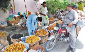 Vendors displaying variety of dates at his roadside setup in the city.