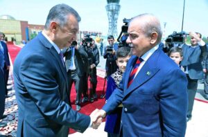 Prime Minister Muhammad Shehbaz Sharif meets Prime Minister of Tajikistan H.E. Qahir Rasulzada at the Dushanbe airport in Tajikistan.